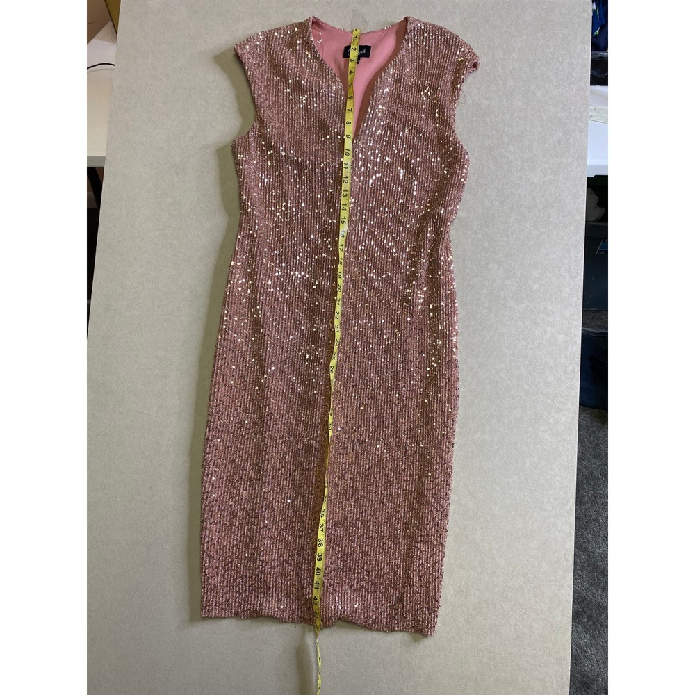 Connected Apparel Rose Gold Sequin Sheath Dress Cap Sleeve V-Neck Midi Size 12 - Picture 5 of 10